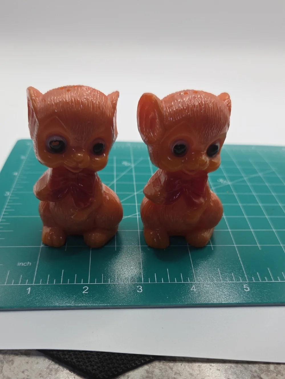 Pair of Orange Resin Kitten Figurines with Red Bows MCM Hong Kong 1960's